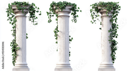 Old greek arch with white marble columns and ivy vines with green leaves. Vector realistic set of 3d ancient roman pillars with climbing plants isolated on white background