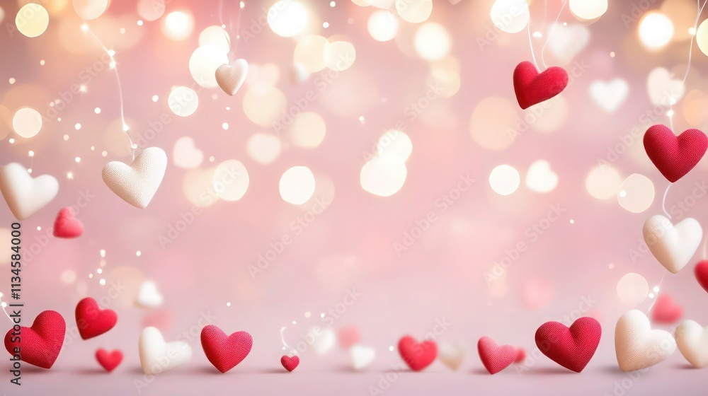 A soft pink background with bokeh lights, adorned with small red and white hearts in various sizes. A soft pink background with bokeh lights, adorned with small red and white hearts in various sizes.
