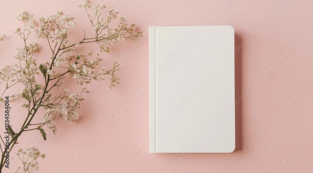 White hardcover notebook mockup with floral elements on the left side, floating in space against a pastel background. Mock-up template for a branding presentation. White hardcover notebook mockup with floral elements on the left side, floating in space against a pastel background. Mock-up template for a branding presentation.