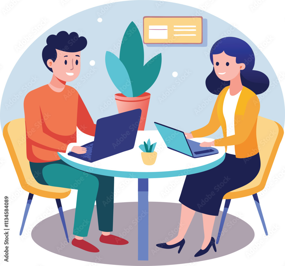 Partners meeting for business discussion with documents and laptop on desk. Couple at round table, speaking, discussing work, partnership. Flat vector on a white background Partners meeting for business discussion with documents and laptop on desk. Couple at round table, speaking, discussing work, partnership. Flat vector on a white background