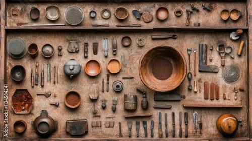 Wallpaper Mural Vintage Craft Tools and Materials Displayed on Rustic Wooden Table Torontodigital.ca