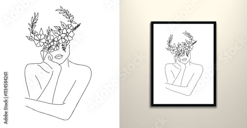 floral head girl vector line art