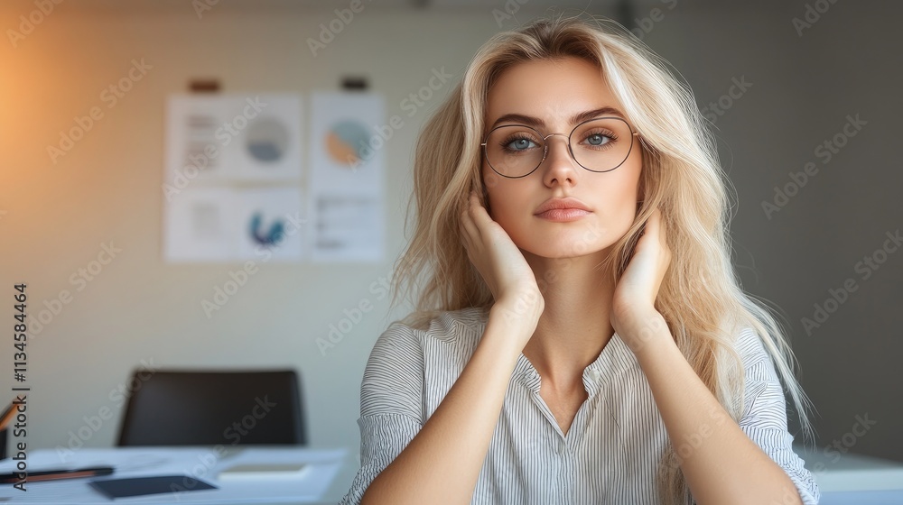 Blonde woman in glasses sits at desk, hands on cheeks, looking at camera. Blonde woman in glasses sits at desk, hands on cheeks, looking at camera.