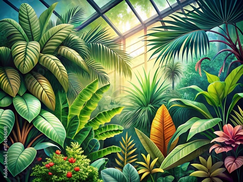 Abstract Floral Wallpaper Design Featuring Exotic Jungle Leaves and Plants for Unique Home Decor, Mural Inspiration, Card Creation, and Botanical Aesthetics