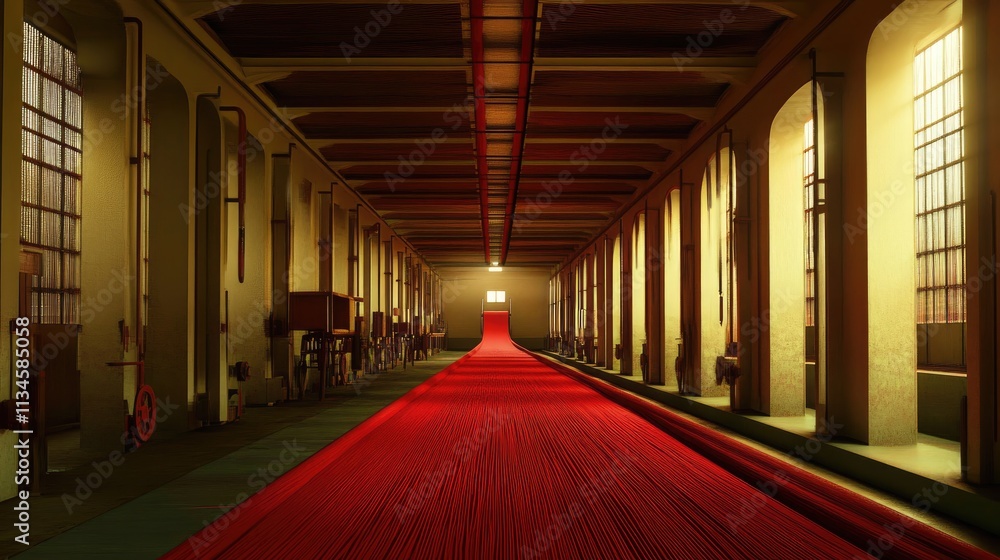 Vibrant Red Carpet in Industrial Hallway with Unique Lighting Effects Vibrant Red Carpet in Industrial Hallway with Unique Lighting Effects