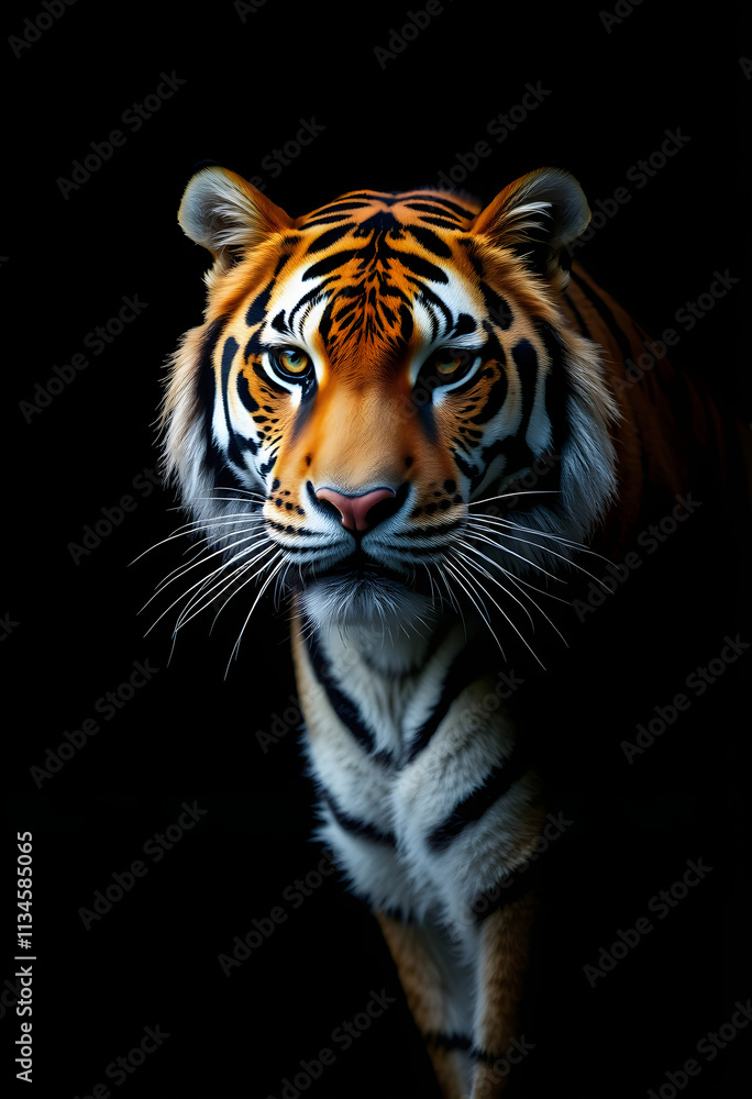 Fototapeta premium Portrait of a withe tiger with a black background, Diffused lighting, with white tones