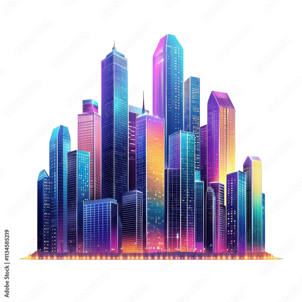 Obraz premium Neon Cityscape Glows Vibrantly at Night Isolated on PNG Transparent Background
