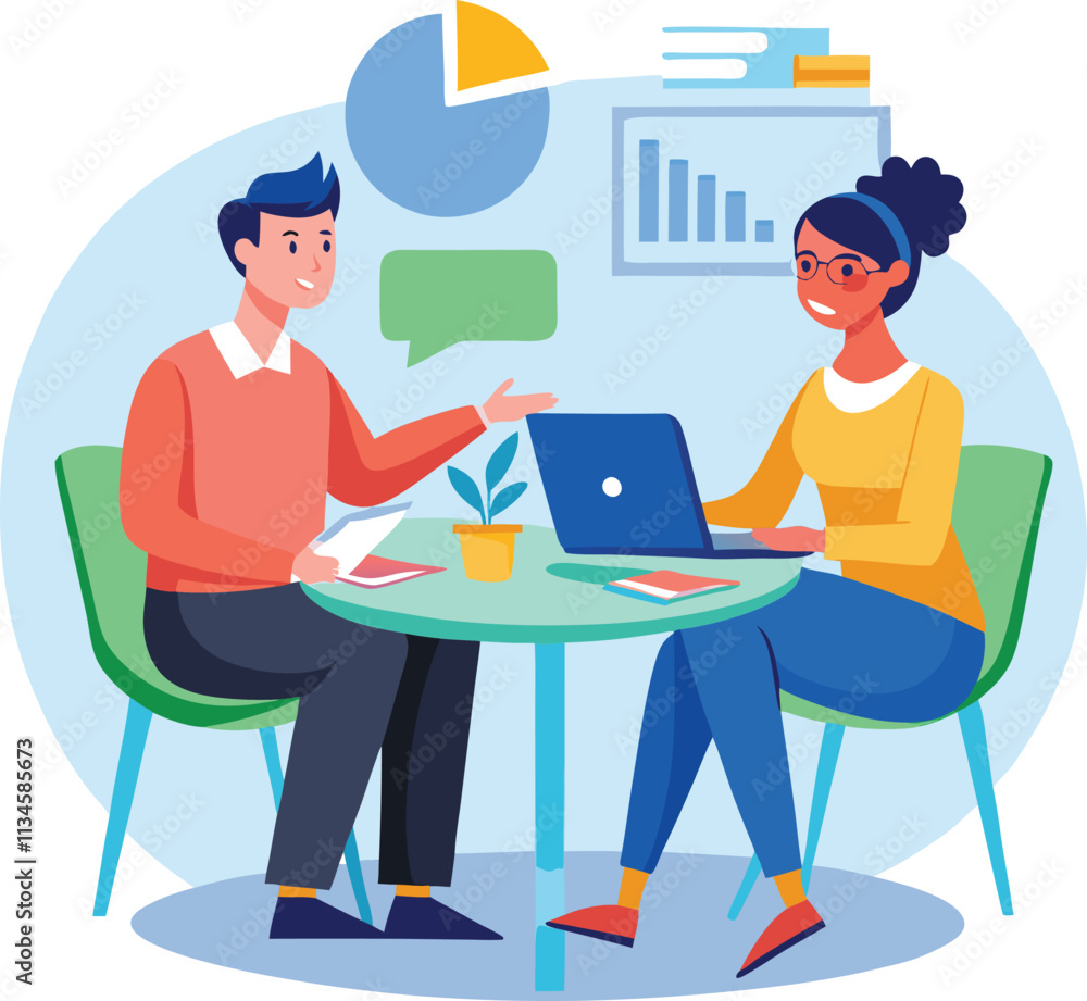 Partners meeting for business discussion with documents and laptop on desk. Couple at round table, speaking, discussing work, partnership. Flat vector on a white background Partners meeting for business discussion with documents and laptop on desk. Couple at round table, speaking, discussing work, partnership. Flat vector on a white background