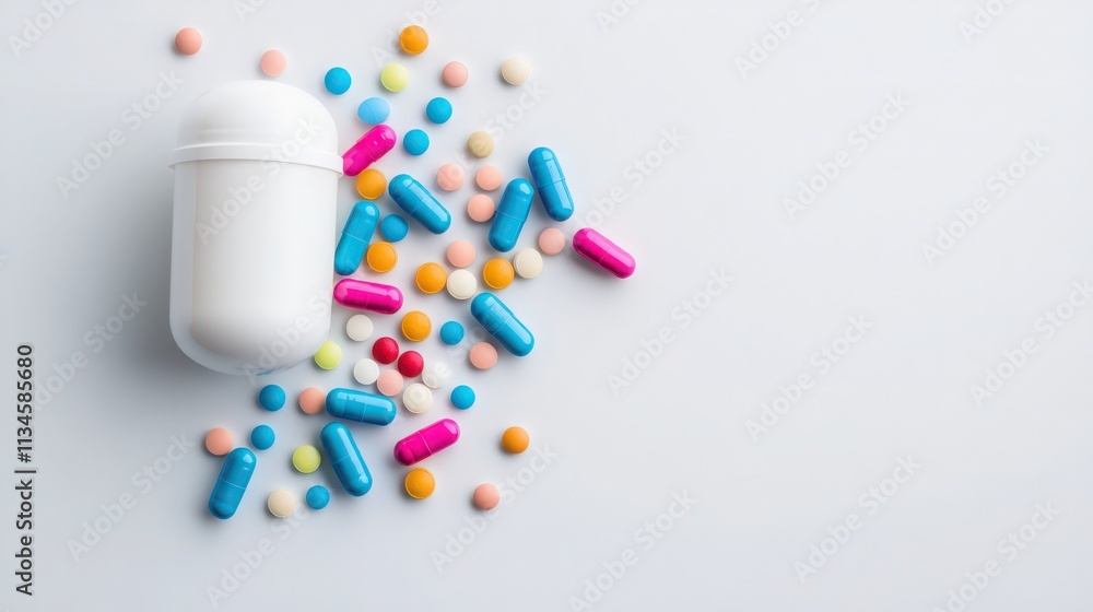A white pill bottle with multicolored pills scattered around it A white pill bottle with multicolored pills scattered around it
