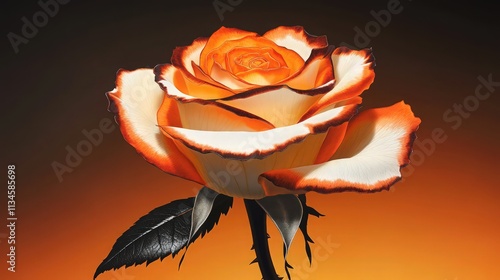 A stunning orange-and-white rose with a highly realistic, artistic appearance. The rose features alternating orange and white petals that create a lively contrast.  photo