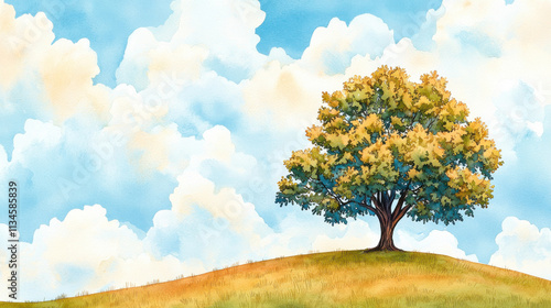 vibrant tree stands alone on hill, surrounded by fluffy clouds and bright sky, evoking sense of tranquility and beauty