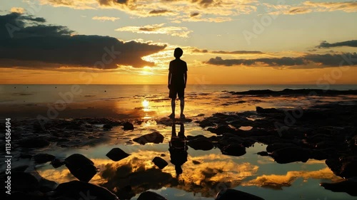 Silhouette of a man against a sunset sky, standing on a rocky beach