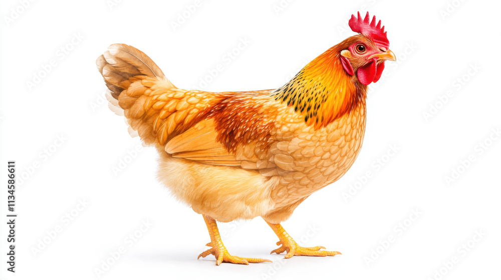Fototapeta premium Vibrant red chicken with golden feathers standing proudly on white background, showcasing its beauty and charm