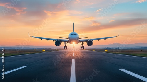 A large white airplane is taking off from a runway