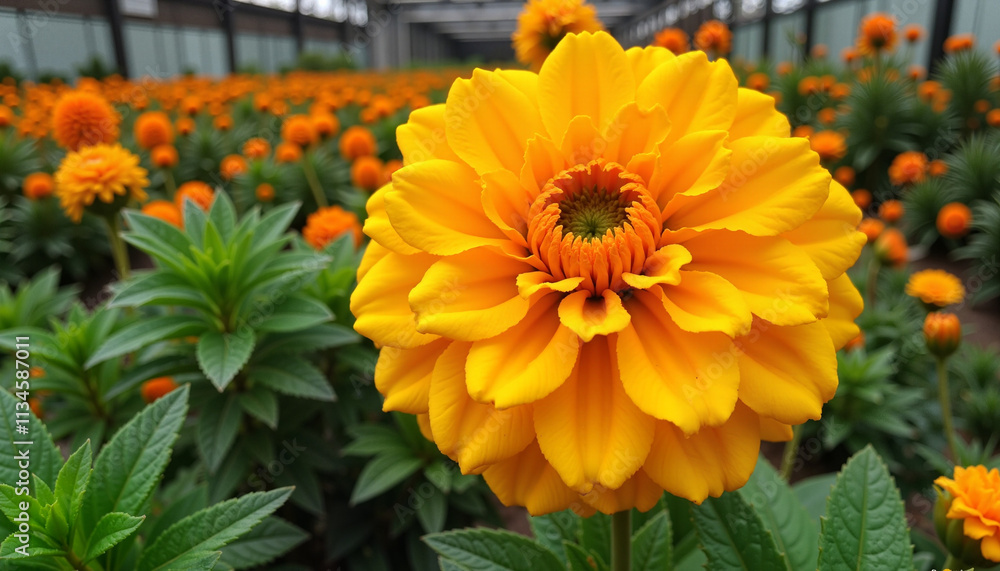 Vibrant orange marigold flower in full bloom surrounded by lush green foliage in greenhouse Vibrant orange marigold flower in full bloom surrounded by lush green foliage in greenhouse
