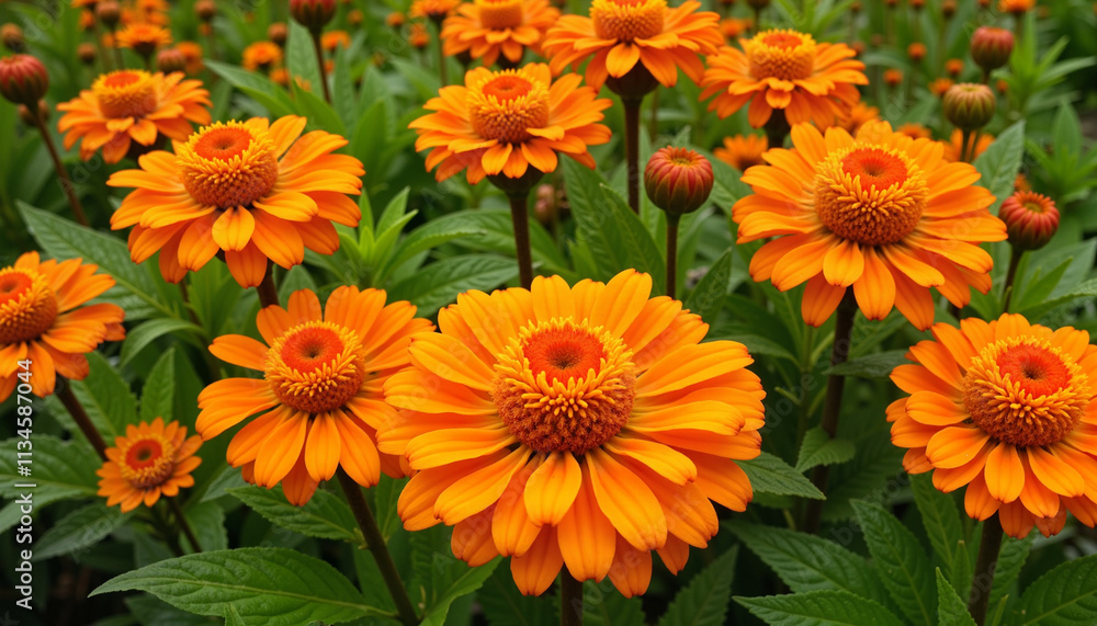 Vibrant orange flowers in full bloom surrounded by lush green foliage
Vibrant orange flowers in full bloom surrounded by lush green foliage
