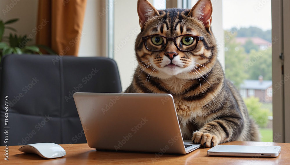 Smart looking cat with glasses working on a laptop at a cozy workspace Smart looking cat with glasses working on a laptop at a cozy workspace