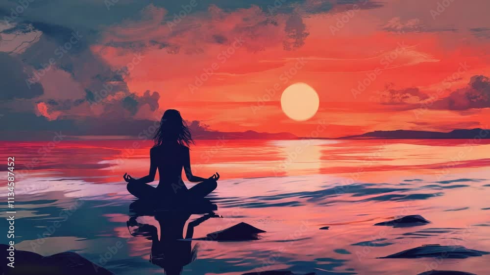 Silhouette of a woman meditating on a serene beach Silhouette of a woman meditating on a serene beach