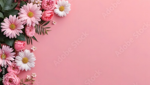 Floral Delight: Pink Roses and Daisies on a Pastel Background, Springtime Blooms, Soft and Delicate Flower Arrangement