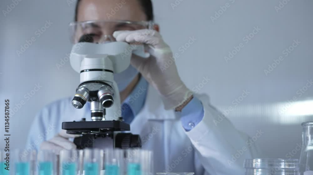 Scientist woman, wearing a lab coat, mask, white gloves and safety glasses, is using a microscope surrounded by test tubes in laboratory. Portrait view. Medicine and science concept Scientist woman, wearing a lab coat, mask, white gloves and safety glasses, is using a microscope surrounded by test tubes in laboratory. Portrait view. Medicine and science concept