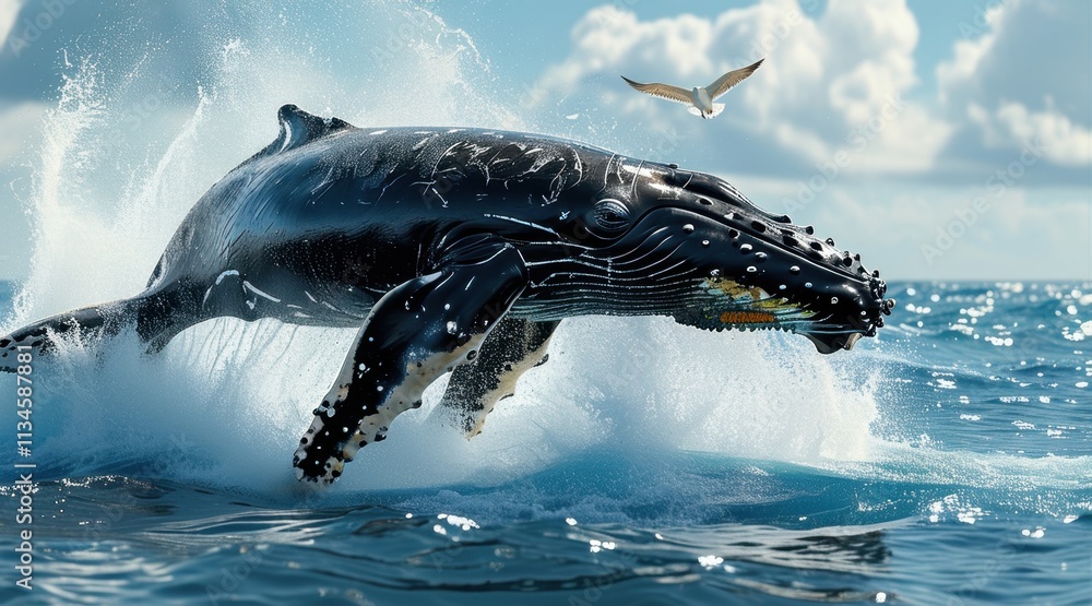 Obraz premium Humpback Whale Leaping in Blue Ocean