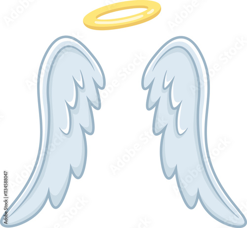 Cartoon angel wings and halo floating gracefully, symbolizing purity, spirituality, and divine presence, perfect for religious or fantasy themed projects