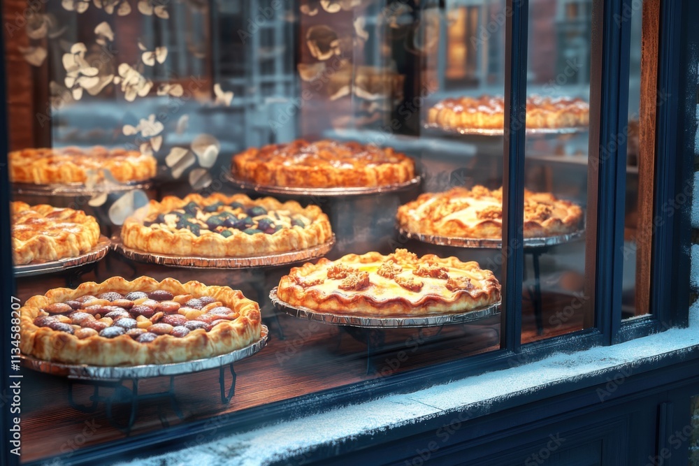 Freshly baked pies displayed in a cozy bakery window during a winter afternoon Freshly baked pies displayed in a cozy bakery window during a winter afternoon