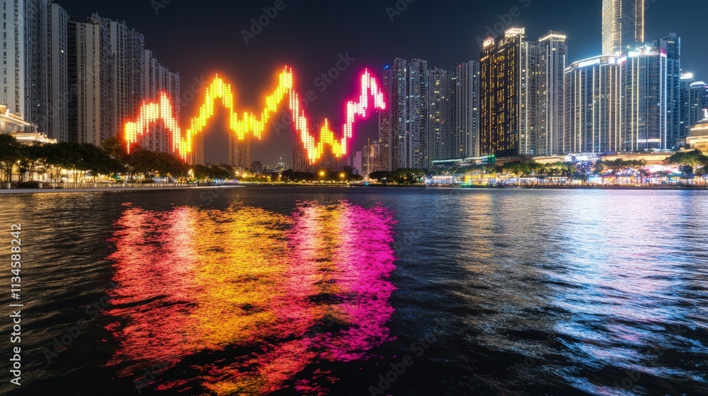 Fototapeta premium Glowing financial stock market chart overlaying a modern city skyline at night with vibrant reflections on the water surface.