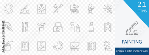 painting editable line icon set. containing palette, art gallery, canvas, pictogram, roller, drawing, color and more stroke design