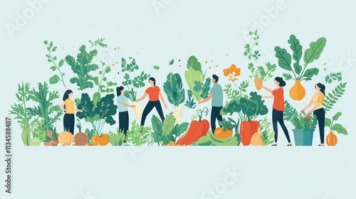 Vibrant Community Garden: People Cultivating Fresh Vegetables and Herbs Together in 2D Flat Illustration