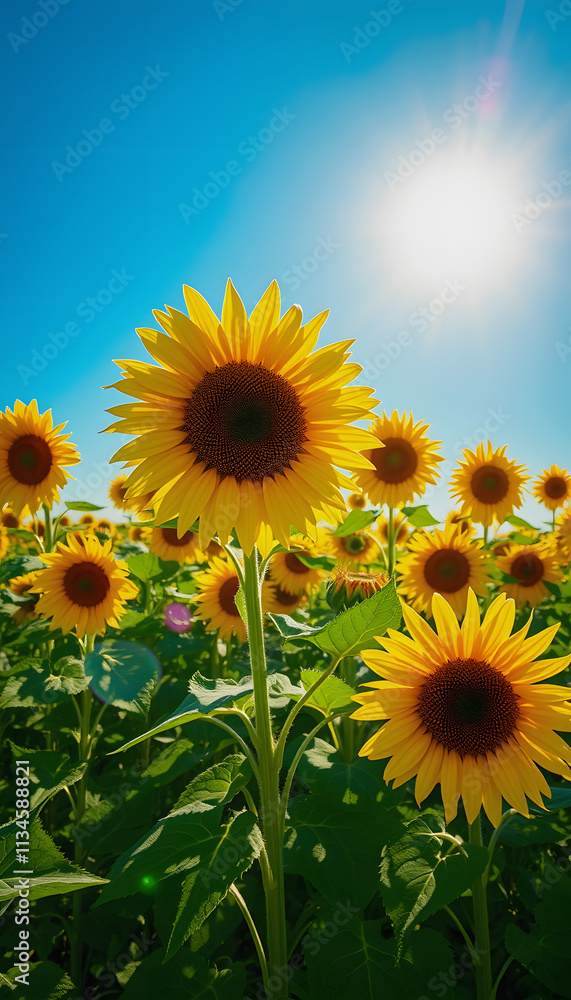 Obraz premium Vibrant sunflower field under bright summer sun, blue sky, beautiful nature landscape