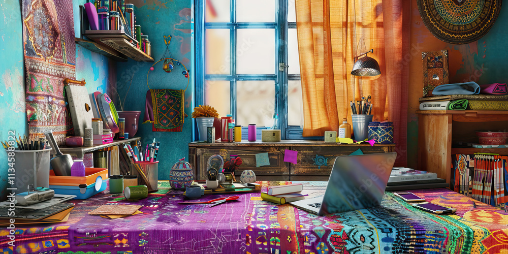 Eclectic Workspace with Laptop and Assorted Art Supplies Eclectic Workspace with Laptop and Assorted Art Supplies