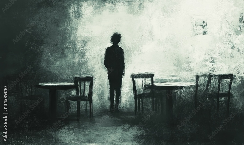 Silhouette stands amidst empty tables, chairs, dim room. Silhouette stands amidst empty tables, chairs, dim room.