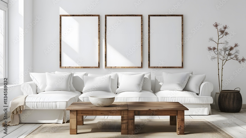 Fototapeta premium Bright and Airy Living Room with Minimalist White Couch and Blank Frames