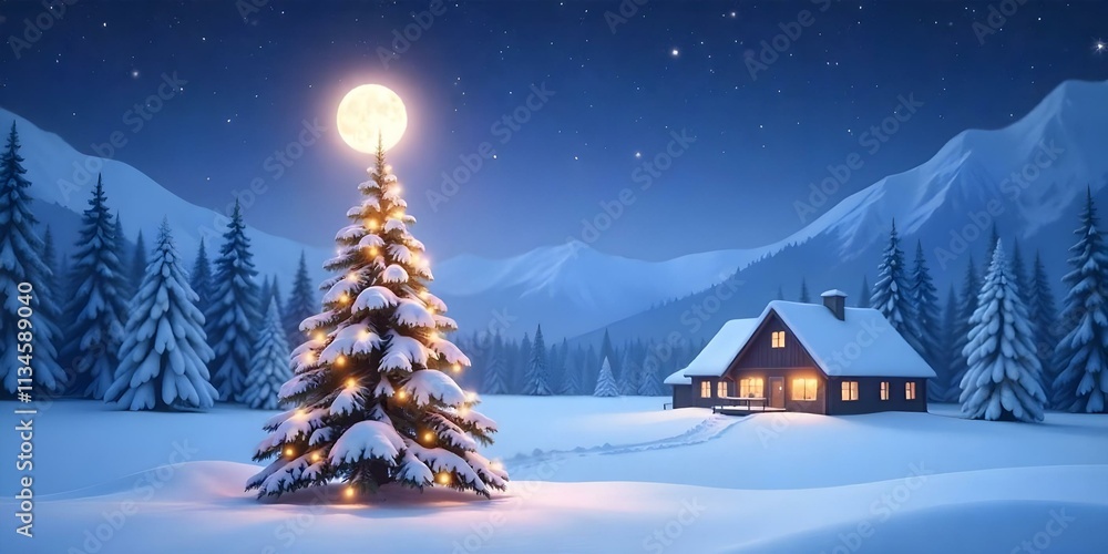Fototapeta premium A snowy winter landscape with a decorated Christmas tree in the foreground, surrounded by pine trees and a starry night sky with a bright sun in the background, featuring a cozy cabin nearby.