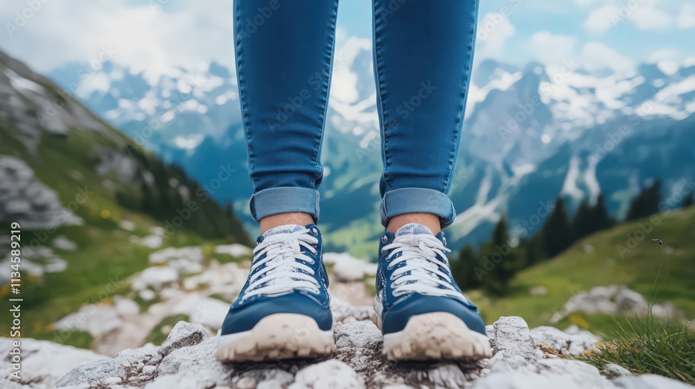 A woman is standing on a rocky mountain top with her feet on a rock A woman is standing on a rocky mountain top with her feet on a rock