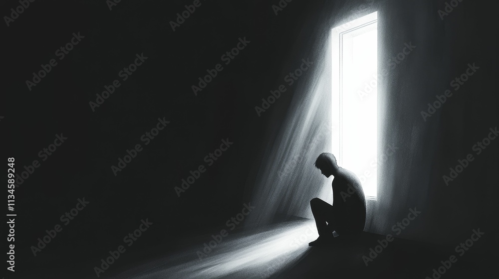 Silhouette sits near bright doorway, dark room. Silhouette sits near bright doorway, dark room.