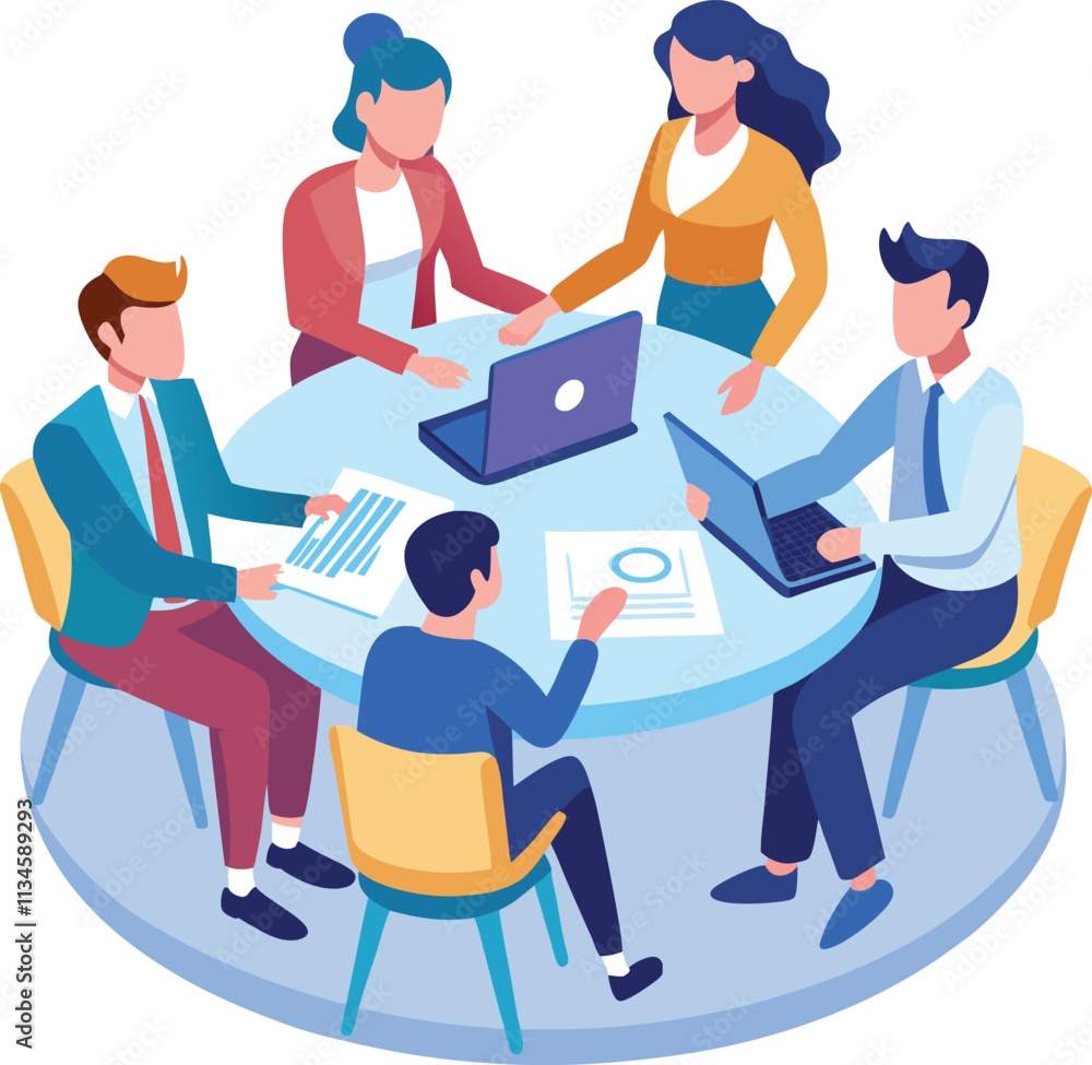 Partners meeting for business discussion with documents and laptop on desk. Couple at round table, speaking, discussing work, partnership. Flat vector on a white background Partners meeting for business discussion with documents and laptop on desk. Couple at round table, speaking, discussing work, partnership. Flat vector on a white background