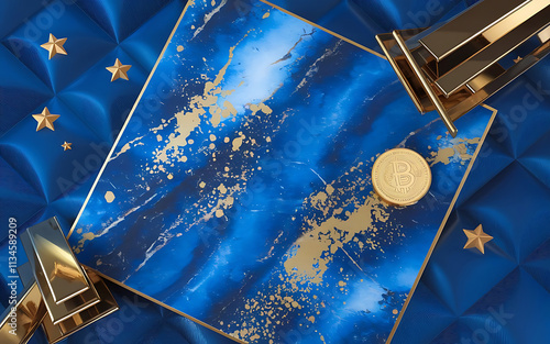 A photo of an abstract blue marble texture with gold splashes photo