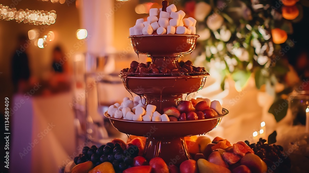 Delicious Chocolate Fountain With Marshmallows And Fruit Delicious Chocolate Fountain With Marshmallows And Fruit