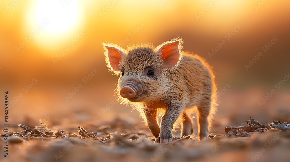 Adorable Young Piglet Walking on Ground at Sunset with Soft Warm Light and Fuzzy Fur in a Serene Rural Setting Adorable Young Piglet Walking on Ground at Sunset with Soft Warm Light and Fuzzy Fur in a Serene Rural Setting