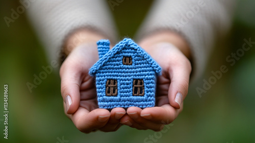 Human hands hold small crochet blue house. Arms Create secure environment for real estate via home. Insurance, safety, security for buildings. Photo