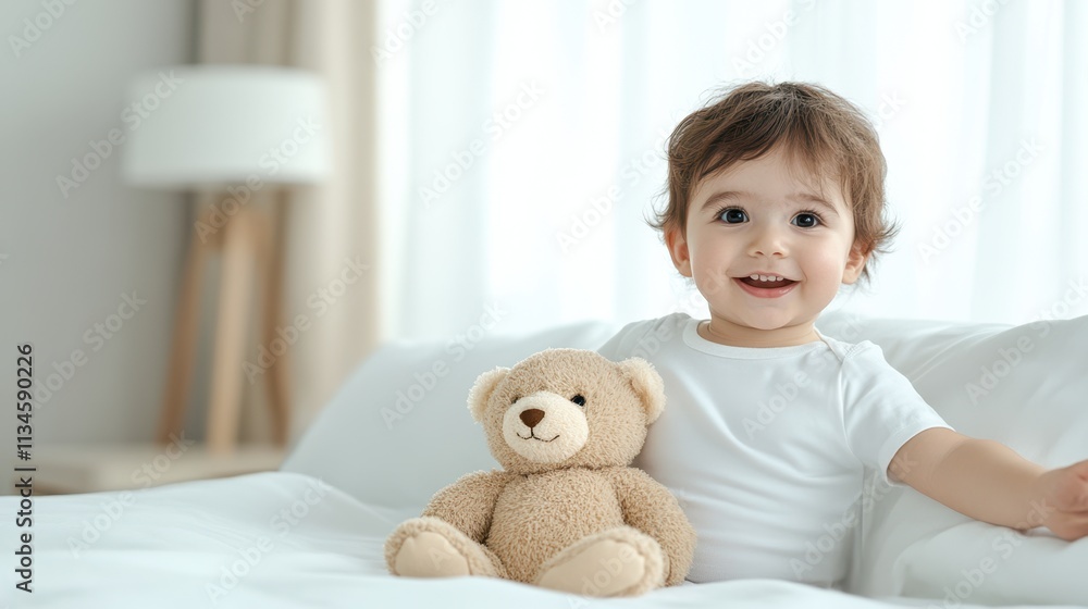 Cute Child Joyfully Playing With a Cozy Bear on a Soft Bed in a Bright, Inviting Room Cute Child Joyfully Playing With a Cozy Bear on a Soft Bed in a Bright, Inviting Room