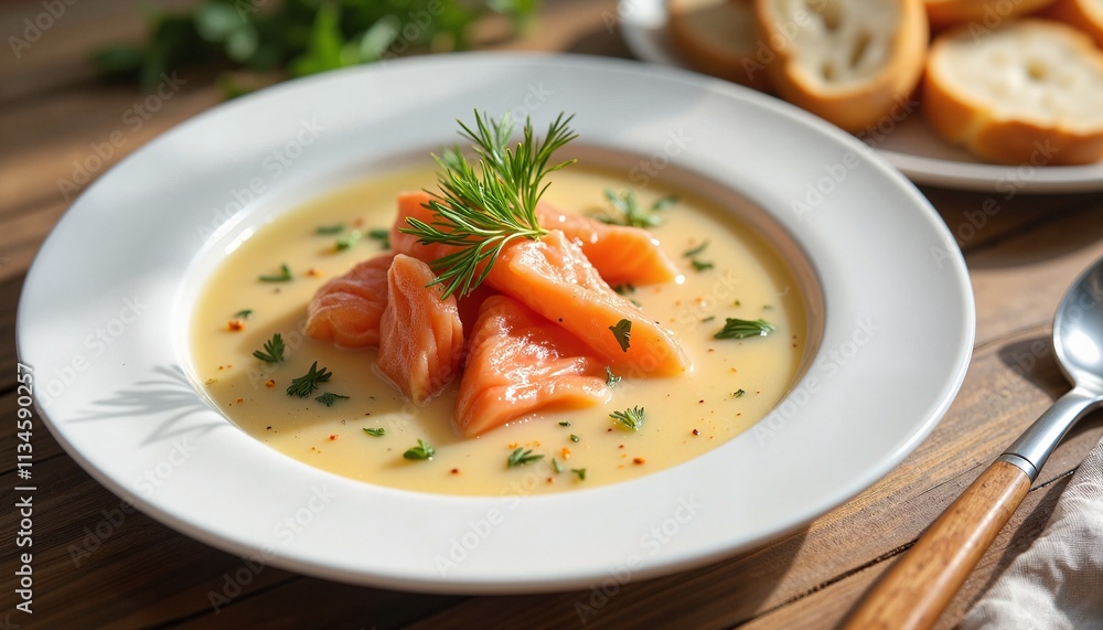 Finnish salmon soup with dill in white plate served with bread on wooden table Finnish salmon soup with dill in white plate served with bread on wooden table
