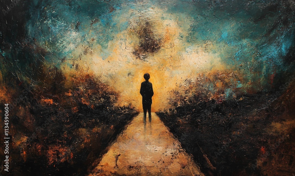 Abstract figure stands alone, path toward light. Abstract figure stands alone, path toward light.