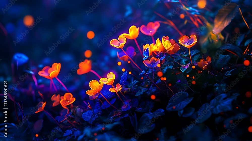 Fototapeta premium Glowing Orange Flowers in a Dark Blue Night Garden