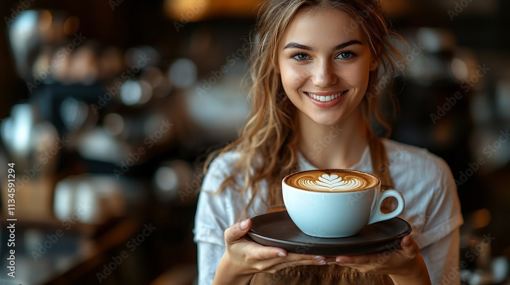 Friendly Barista Offering Coffee to Satisfied Customer in Cozy Cafe Setting Friendly Barista Offering Coffee to Satisfied Customer in Cozy Cafe Setting