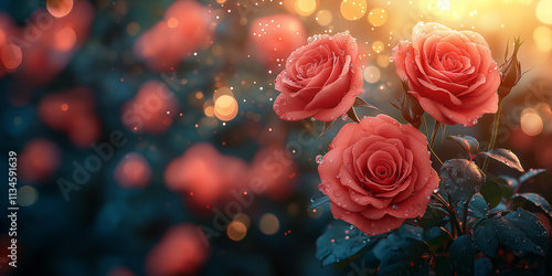 Fototapeta Naklejka Na Ścianę i Meble -  Happy Valentines Day background with red roses and heart shaped decorations, 14th February Valentines Day wishes with romantic roses and love, Valentine's Day greeting card.