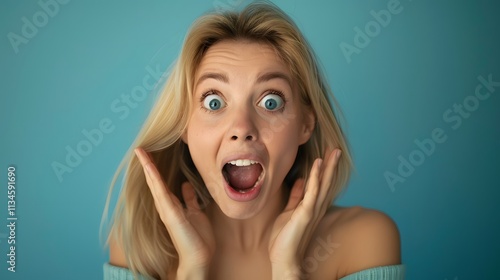 Excited Woman Expressing Surprise and Joy Against a Light Blue Background