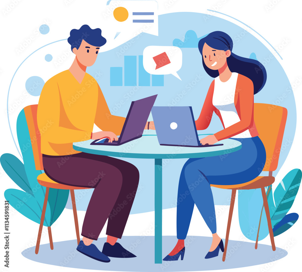 Partners meeting for business discussion with documents and laptop on desk. Couple at round table, speaking, discussing work, partnership. Flat vector on a white background Partners meeting for business discussion with documents and laptop on desk. Couple at round table, speaking, discussing work, partnership. Flat vector on a white background